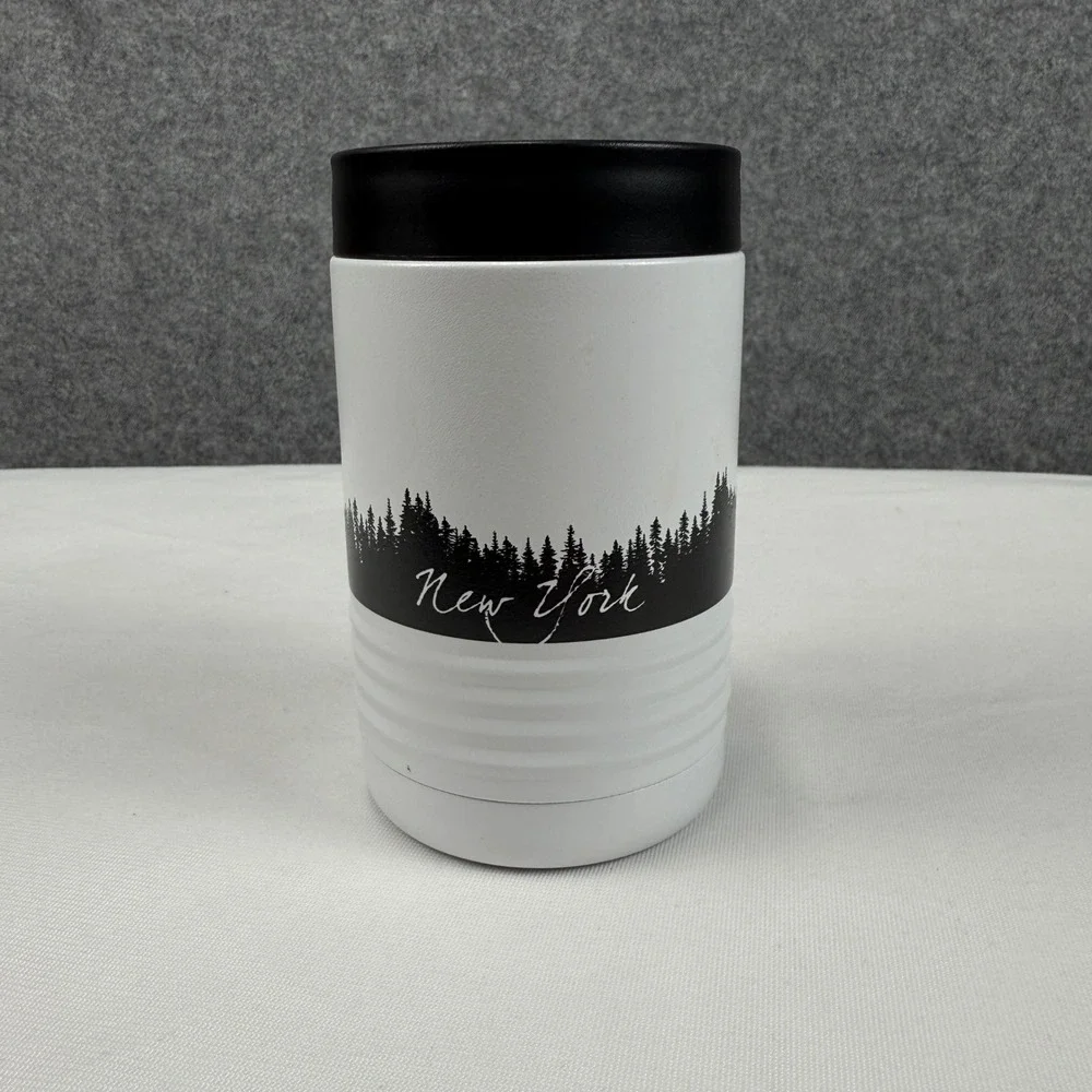 New York Bigfoot Sasquatch Pine Forest Insulated Can Cooler White Stainless 12oz